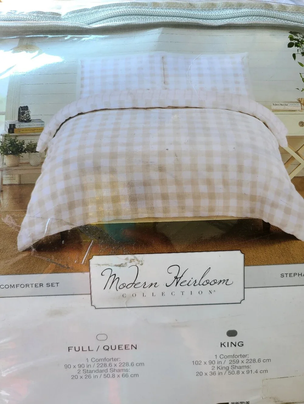 Modern Heirloom 3-piece King Comforter Set in a neutral tan gingham print